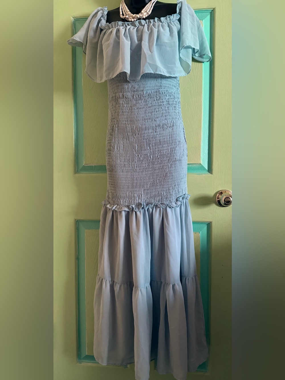 SIMPLEE Powder Blue Off-Shoulder Smocked Tiered Maxi Dress